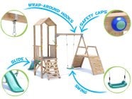 SquirrelFort Climbing Frame with Single Swing, LOW Platform, Climbing Wall & Slide features