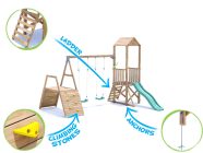 SquirrelFort Climbing Frame with Double Swing, LOW Platform, Climbing Wall & Slide features