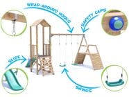 SquirrelFort Climbing Frame with Double Swing, LOW Platform, Climbing Wall & Slide features