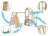 SquirrelFort Climbing Frame with Single Swing, LOW Platform, Tall Climbing Wall, Monkey Bars, Cargo Net & Slide features