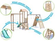 SquirrelFort Climbing Frame with Single Swing, LOW Platform, Tall Climbing Wall, Monkey Bars, Cargo Net & Slide features