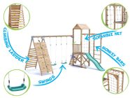 SquirrelFort Climbing Frame with Double Swing, LOW Platform, Tall Climbing Wall, Monkey Bars, Cargo Net & Slide features