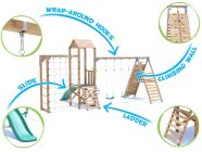 SquirrelFort Climbing Frame with Double Swing, LOW Platform, Tall Climbing Wall, Monkey Bars, Cargo Net & Slide features
