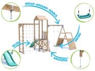 SquirrelFort Climbing Frame with Single Swing, LOW Platform, Climbing Wall, Monkey Bars, Cargo Net & Slide features