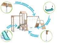 SquirrelFort Climbing Frame with Double Swing, LOW Platform, Climbing Wall, Monkey Bars, Cargo Net & Slide features