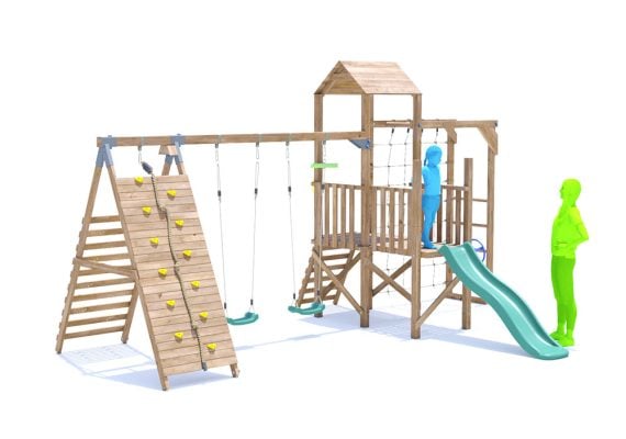BalconyFort Climbing Frame with Double Swing, LOW Platform, Tall Climbing Wall, Monkey Bars, Cargo Net & Slide