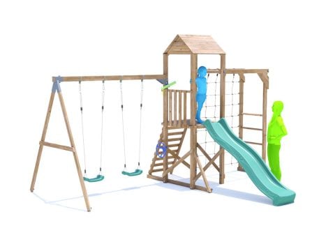 SquirrelFort Climbing Frame with Double Swing, HIGH Platform, Monkey Bars, Cargo Net & Slide