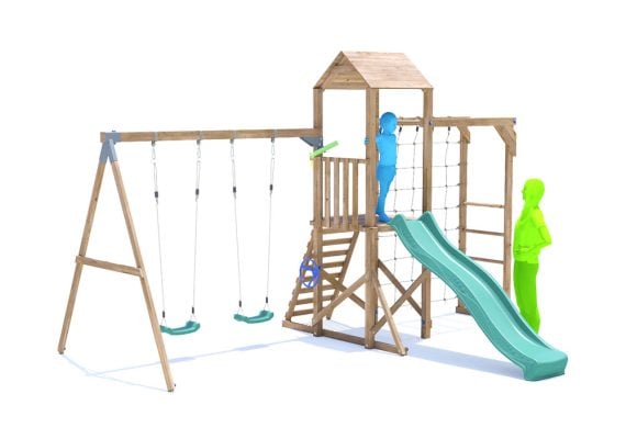 SquirrelFort Climbing Frame with Double Swing, HIGH Platform, Monkey Bars, Cargo Net & Slide