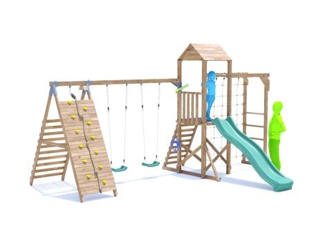 SquirrelFort Climbing Frame with Double Swing, HIGH Platform, Tall Climbing Wall, Monkey Bars, Cargo Net & Slide