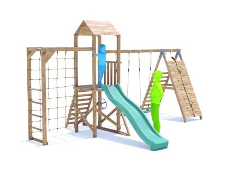 SquirrelFort Climbing Frame with Double Swing, HIGH Platform, Tall Climbing Wall, Monkey Bars, Cargo Net & Slide