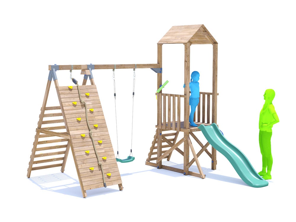 SquirrelFort Climbing Frame with Single Swing, LOW Platform, Tall Climbing Wall & Slide