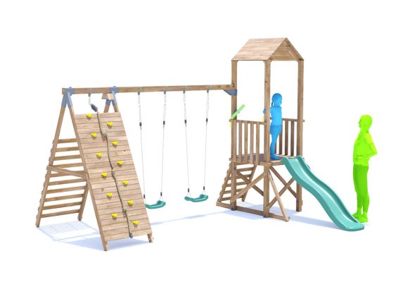 SquirrelFort Climbing Frame with Double Swing, LOW Platform, Tall Climbing Wall & Slide