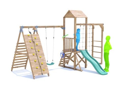 SquirrelFort Climbing Frame with Single Swing, LOW Platform, Tall Climbing Wall, Monkey Bars, Cargo Net & Slide
