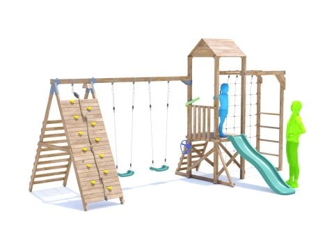 SquirrelFort Climbing Frame with Double Swing, LOW Platform, Tall Climbing Wall, Monkey Bars, Cargo Net & Slide