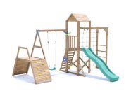SquirrelFort Climbing Frame with Single Swing, HIGH Platform, Climbing Wall, Monkey Bars, Cargo Net & Slide