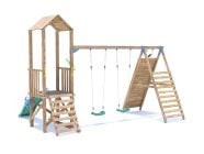 SquirrelFort Climbing Frame with Double Swing, LOW Platform, Tall Climbing Wall & Slide