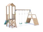 SquirrelFort Climbing Frame with Double Swing, LOW Platform, Climbing Wall & Slide