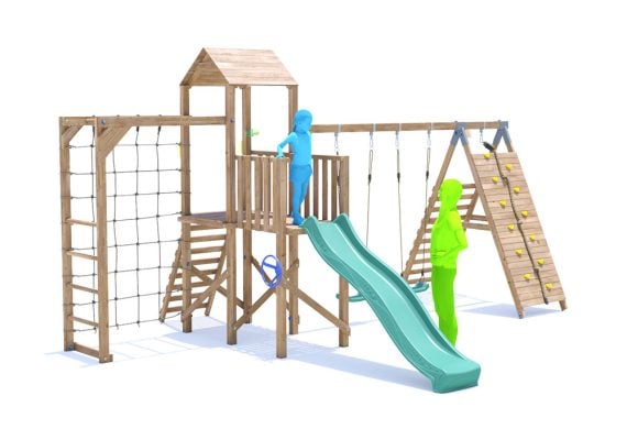 BalconyFort Climbing Frame with Double Swing, Tall Climbing Wall, Monkey Bars, Cargo Net & Slide