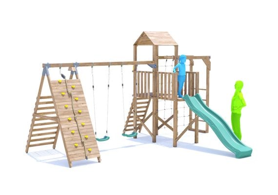 BalconyFort Climbing Frame with Double Swing, HIGH Platform, Tall Climbing Wall, Monkey Bars, Cargo Net & Slide