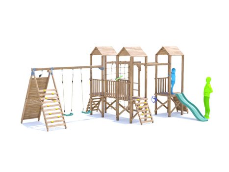 ChallengeFort Climbing Frame with Double Swing, LOW Platform, Tall Climbing Wall, Monkey Bars, Cargo Net & Slide