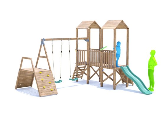 MegaFort Climbing Frame with Double Swing, LOW Platform, Climbing Wall & Slide