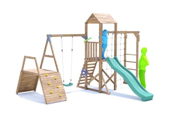 SquirrelFort Climbing Frame with Single Swing, HIGH Platform, Climbing Wall, Monkey Bars, Cargo Net & Slide