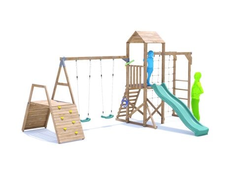 SquirrelFort Climbing Frame with Double Swing, HIGH Platform, Climbing Wall, Monkey Bars, Cargo Net & Slide