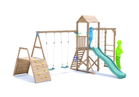 SquirrelFort Climbing Frame with Double Swing, HIGH Platform, Climbing Wall, Monkey Bars, Cargo Net & Slide