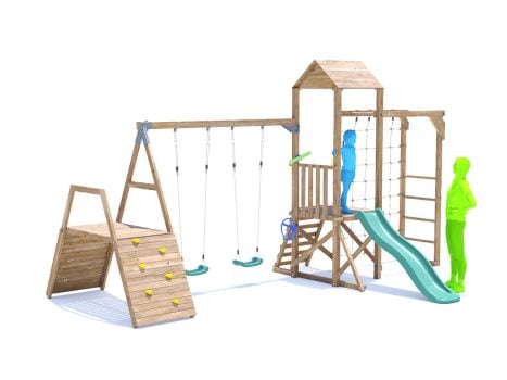 SquirrelFort Climbing Frame with Double Swing, LOW Platform, Climbing Wall, Monkey Bars, Cargo Net & Slide