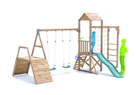 SquirrelFort Climbing Frame with Double Swing, LOW Platform, Climbing Wall, Monkey Bars, Cargo Net & Slide