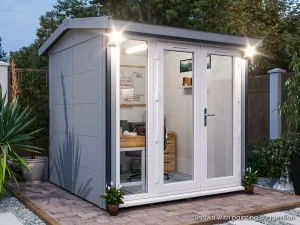 Dominator 2.5m x 2.5m Composite Garden Office Gable Roof White uPVC Painting Suggestion Night