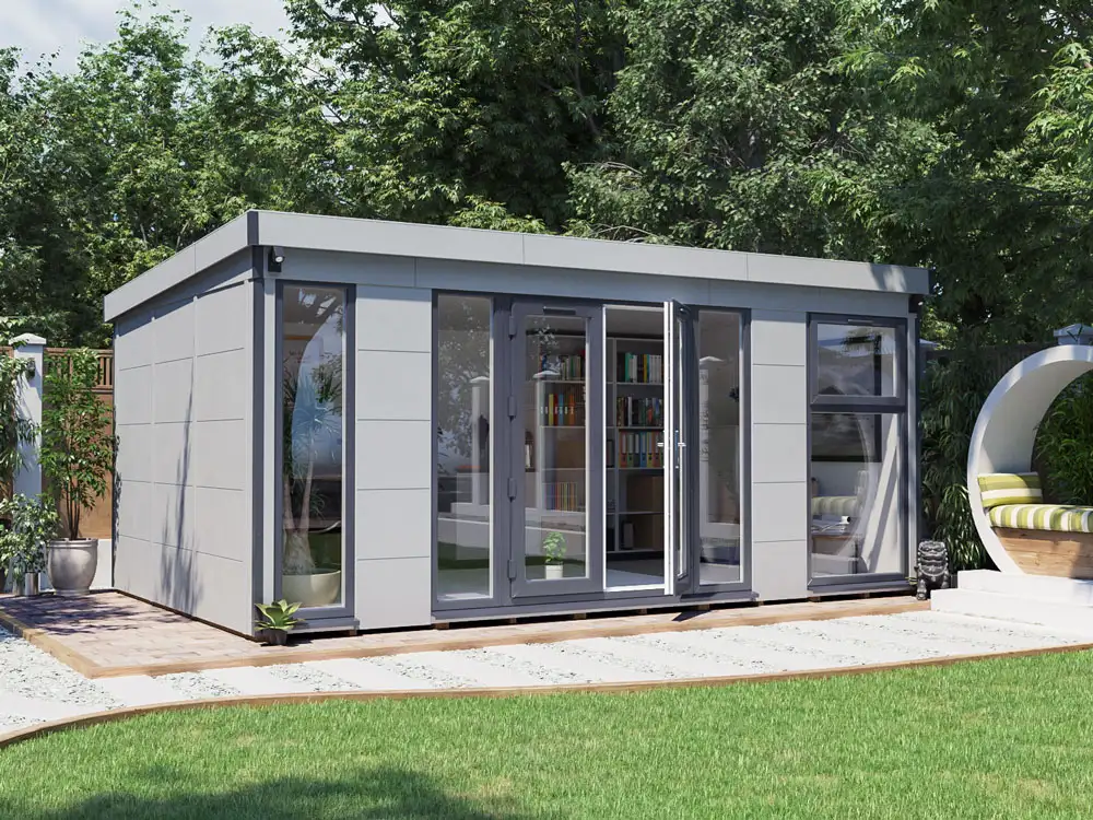 Dominator Pent Composite Garden Office with solid walls, grey painted and white upvc 5.5m x 3.5m