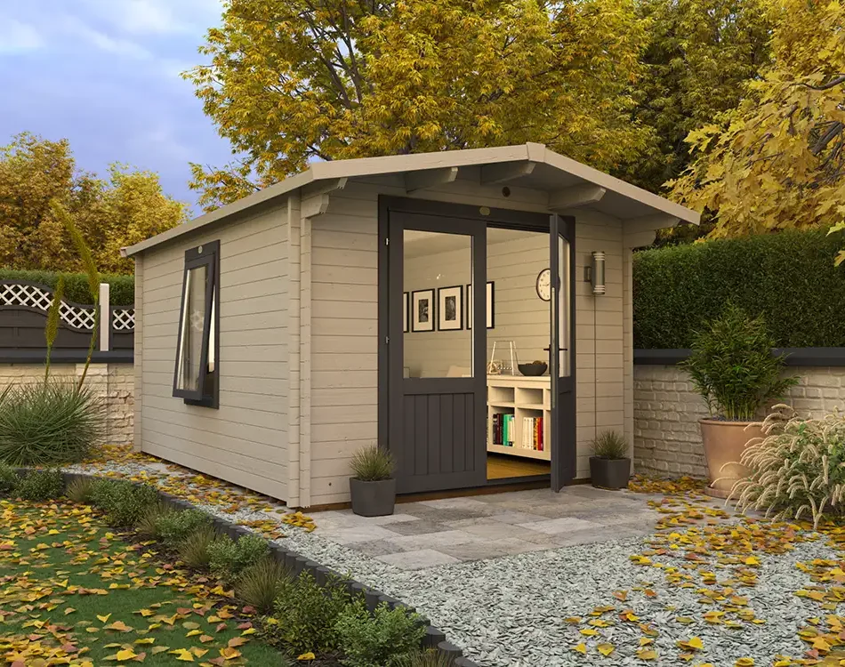 Apex Log Cabins Avon 3m x 4m Autumn seasonal all year use weather hero image Dunster House outdoor living