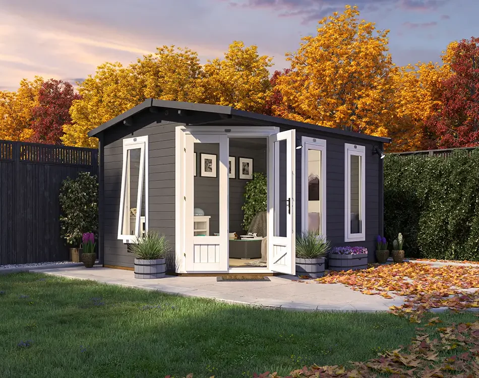 Corner Log Cabins DaftBadger 3m x 4m Autumn seasonal all year use weather hero image Dunster House outdoor living