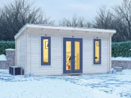 Terminator Insulated Log Cabin with Grey uPVC 5m x 3m winter scene