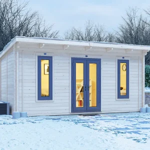 Terminator Insulated Log Cabin with Grey uPVC 5m x 3m winter scene