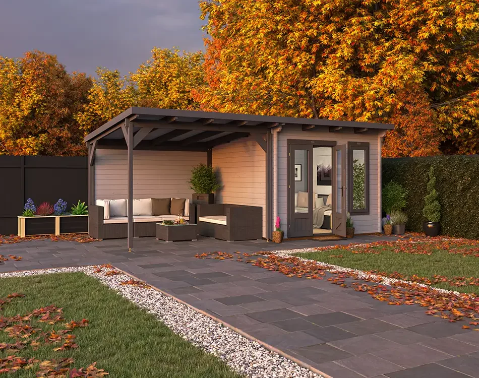 Gazebo Log Cabins Assassin Terminator 6m x 3m Autumn seasonal all year use weather hero image Dunster House outdoor living