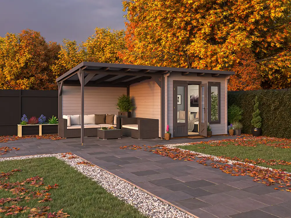 Gazebo Log Cabins Assassin Terminator 6m x 3m Autumn seasonal all year use weather hero image Dunster House outdoor living