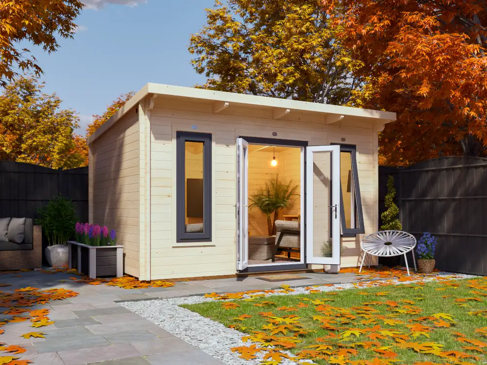 Pent Log Cabins Terminator 4m x 3m Autumn seasonal all year use weather hero image Dunster House outdoor living