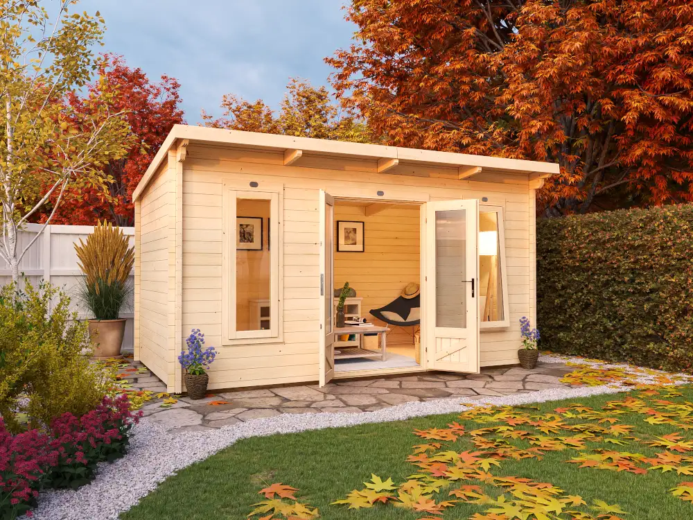 Pent Log Cabins Terminator 4.5m x 2.5m Autumn seasonal all year use weather hero image Dunster House outdoor living