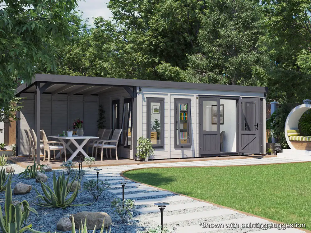 8.5m x 3.5m Dominator Classic Garden Office with Side Canopy Gazebo