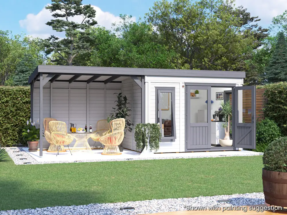 6.5m x 2.5m Dominator Classic Garden Office with Side Canopy Gazebo Night