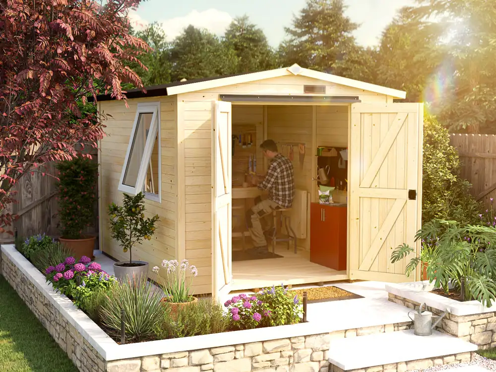 Tubby log cabin work shed night with doors open in garden