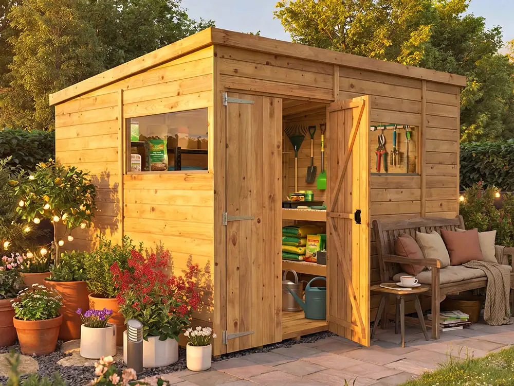 overlord garden shed pent roof 3m x 2.4m with windows and double door