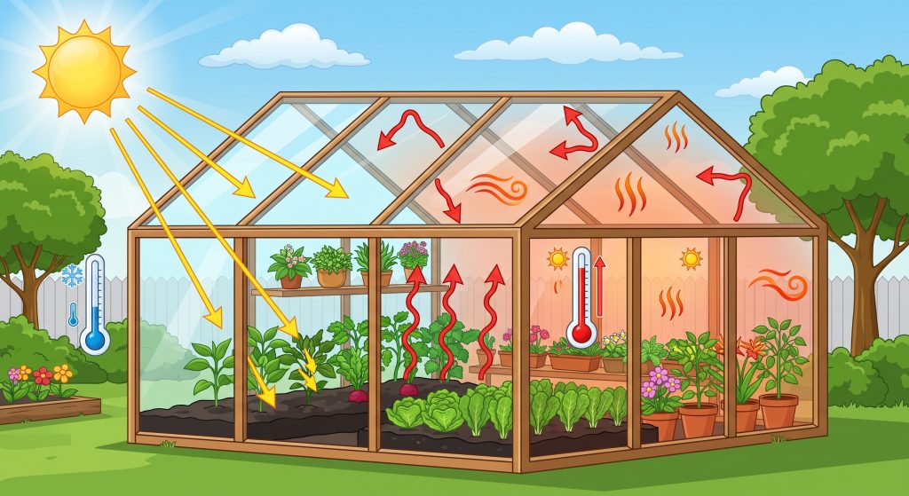 A cartoon showing a greenhouse trapping UV rays, turning them into infrared and warming the interior.