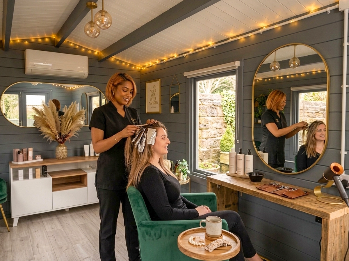 A hair salon set up in a garden building