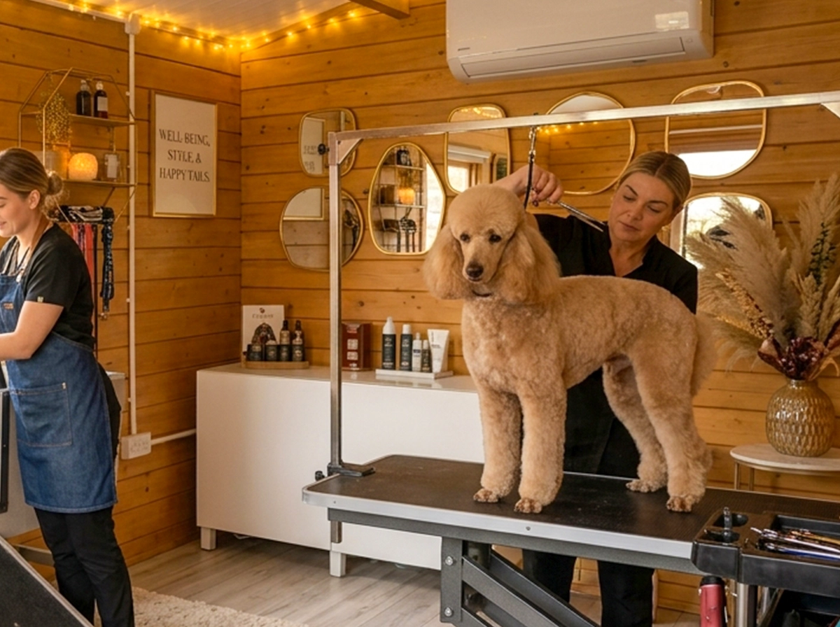 A dog grooming salon set up in a log cabin