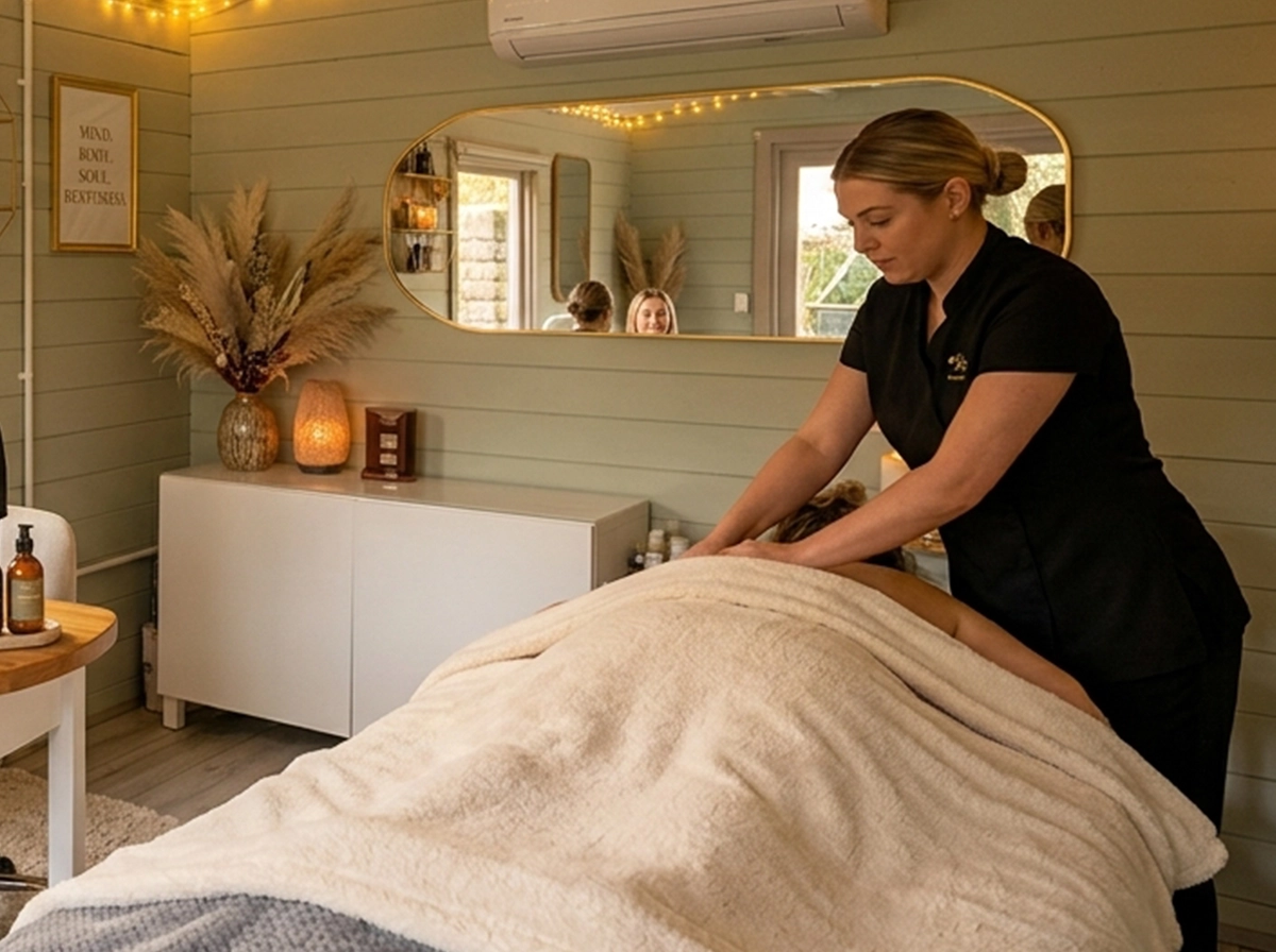 A relaxing garden treatment room where a customer is recieving a massage