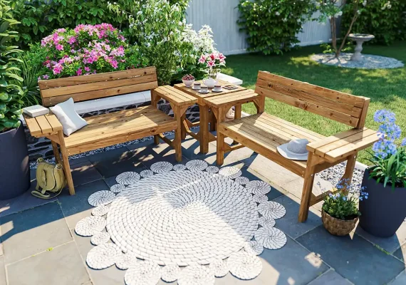 Double Garden Bench and Freestanding Table Set
