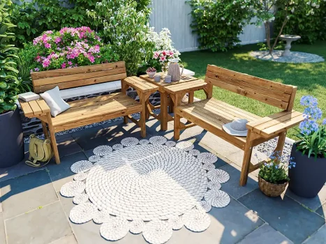 Double Garden Bench and Freestanding Table Set
